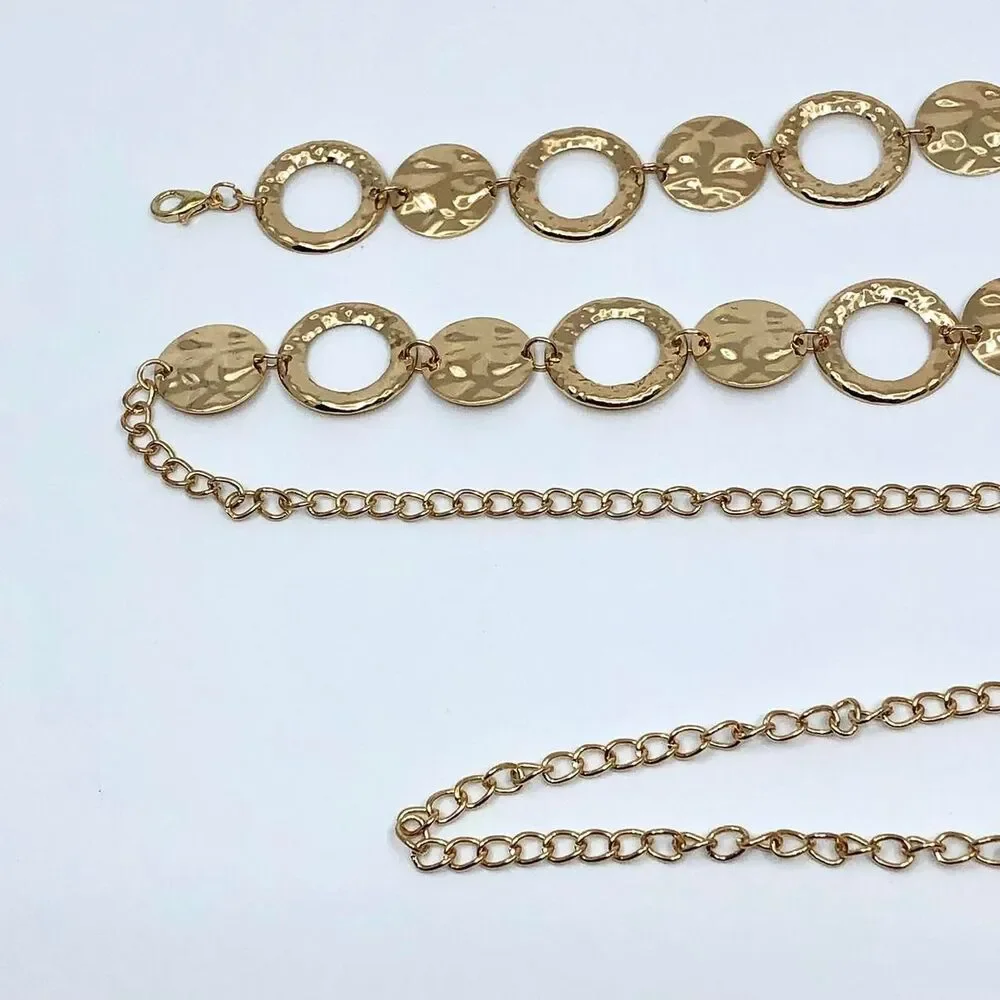 Y2K Boho Gold Hammered Coin Circle Chain Belt, Fits 20-44 Inches, X7GA1152